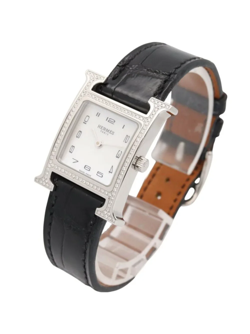 Hermes Watch H Diamond Bezel White Shell Stainless Steel